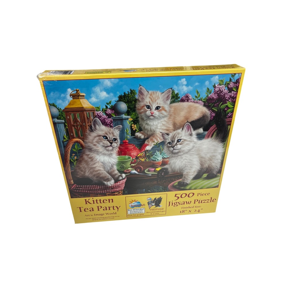 SunsOut Kitten Tea Party Jigsaw Puzzle 500 Piece 18x24 Cats Garden Art Cute NEW
